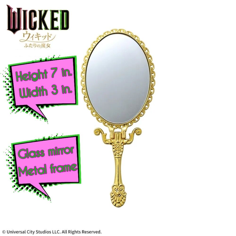 RARE Wicked Movie Japanese Glass Hand Mirror Stand Metal Gold Glinda Elphaba NEW - Picture 5 of 7